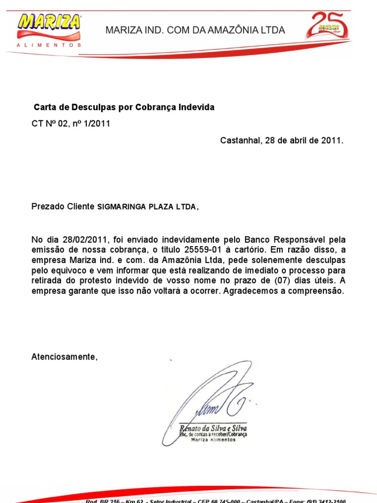 Carta de desculpas - cobrança indevida